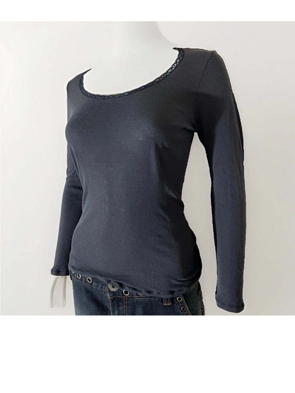 Hanro Navy Blue Cotton/Silk Long Sleeve Ribbed Women Top With Lace Details XS